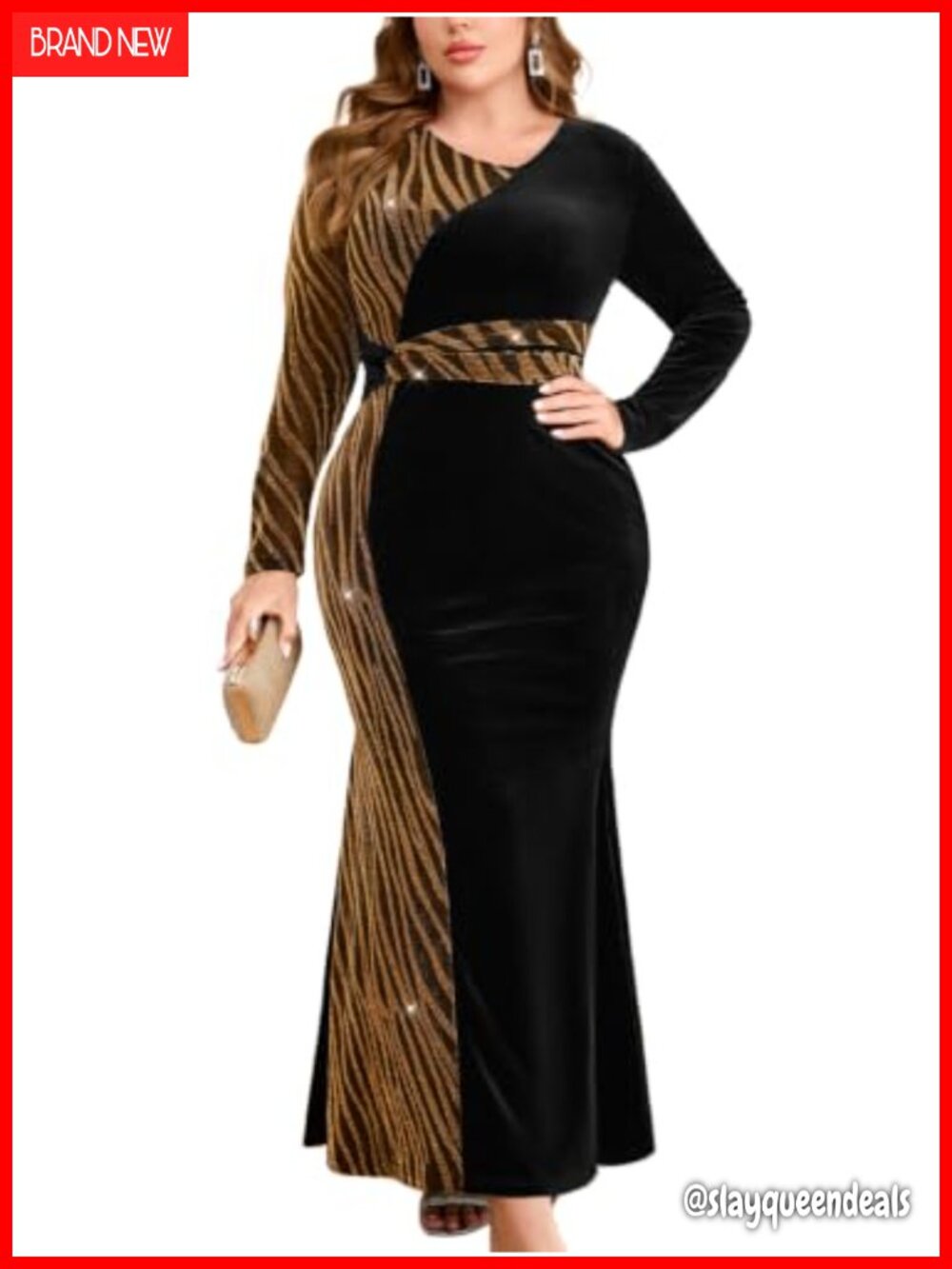 Plus Size Velvet Zebra Mesh Twist Knot Mermaid Maxi Evening Gown Long Sleeve